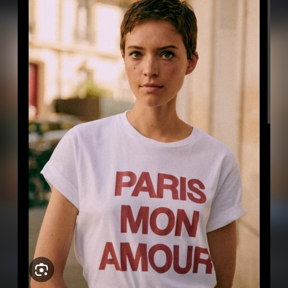 Sezane Tops - Sezane Paris Mon Amour White and Red Short Sleeve Tee